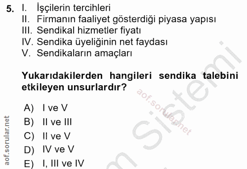 5. soru: I. Işçilerin tercihleri II. Firmanın faaliyet gösterdiği piyasa yapısı IlI. Sendikal hizmetler fiyatı IV. Sendika üye…