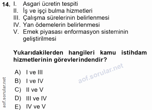 14. soru: 1. Asgari ücretin tespiti II. İş ve işçi bulma hizmetleri IlI. Çalışma sürelerinin belirlenmesi IV. Yan ödemelerin be…