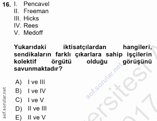 16. soru: 1. Pencavel Il. Freeman III. Hicks IV. Rees V. Medoff Yukarıdaki iktisatçılardan hangileri, sendikaların farklı çıkar…