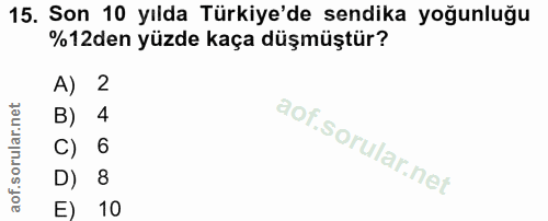 15. soru: Son 10 yılda Türkiye'de sendika yoğunluğu %12den yüzde kaça düşmüştür? A) 2 B) 4 C) 6 D) 8 E) 10