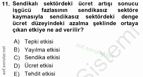 11. soru: Sendikalı sektördeki ücret artışı sonucu işgücü fazlasının sendikasız sektöre kaymasıyla sendikasız sektördeki denge…