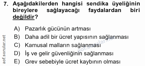 7. soru: Aşağıdakilerden hangisi sendika üyeliğinin bireylere sağlayacağı faydalardan biri değildir? A) Pazarlık gücünün artma…