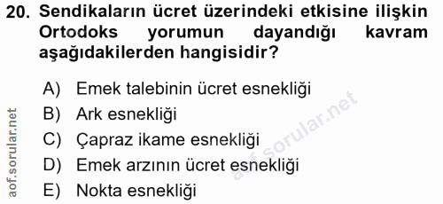 20. soru: Sendikaların ücret üzerindeki etkisine ilişkin Ortodoks yorumun dayandığı kavram aşağıdakilerden hangisidir? A) Emek…