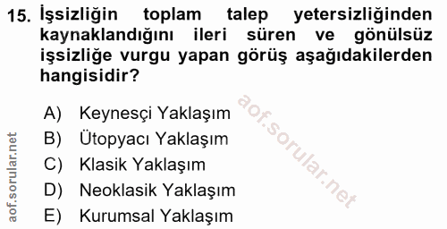 15. soru: İşsizliğin toplam talep yetersizliğinden kaynaklandığını ileri süren ve gönülsüz işsizliğe vurgu yapan görüş aşağıdak…