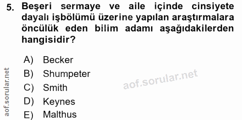 5. soru: Beşeri sermaye ve aile içinde cinsiyete dayalı işbölümü üzerine yapılan araştırmalara öncülük eden bilim adamı aşağıd…