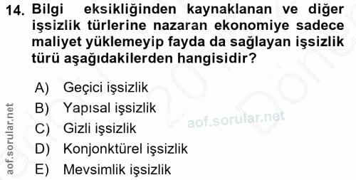 14. soru: Bilgi eksikliğinden kaynaklanan ve diğer işsizlik türlerine nazaran ekonomiye sadece maliyet yüklemeyip fayda da sağl…