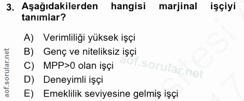 3. soru: Aşağıdakilerden hangisi marjinal işçiyi tanımlar? A) Verimliliği yüksek işçi B) Genç ve niteliksiz işçi MPP>0 olan iş…
