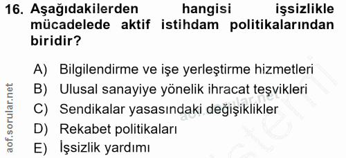 16. soru: Aşağıdakilerden hangisi işsizlikle mücadelede aktif istihdam politikalarından biridir? A) Bilgilendirme ve işe yerleş…