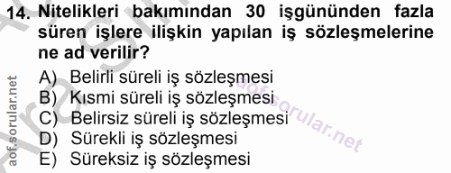 14. soru: Nitelikleri bakımından 30 işgününden fazla süren işlere ilişkin yapılan iş sözleşmelerine ne ad verilir? A) Belirli s…