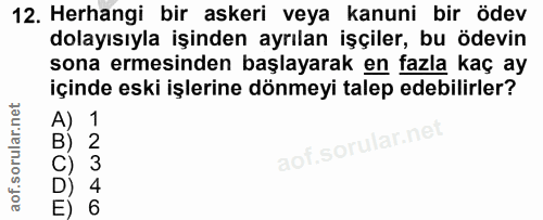 12. soru: Herhangi bir askeri veya kanuni bir ödev dolayısıyla işinden ayrılan işçiler, bu ödevin sona ermesinden başlayarak en…
