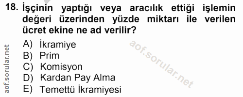18. soru: Işçinin yaptığı veya aracılık ettiği işlemin değeri üzerinden yüzde miktarı ile verilen ücret ekine ne ad verilir? A)…
