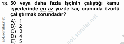 13. soru: 50 veya daha fazla işçinin çalıştığı kamu işyerlerinde en az yüzde kaç oranında özürlü çalıştırmak zorundadır?