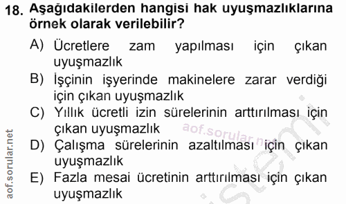 18. soru: Aşağıdakilerden hangisi hak uyuşmazlıklarına örnek olarak verilebilir? A) Ücretlere zam yapılması için çıkan uyuşmazl…