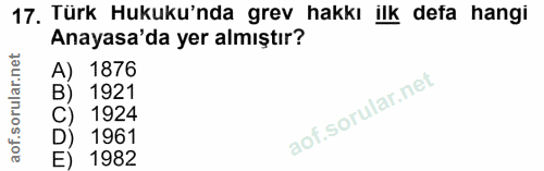 17. soru: Türk Hukuku'nda grev hakkı ilk defa hangi Anayasa'da yer almıştır? A) 1876 B) 1921 C) 1924 D) 1961 E) 1982
