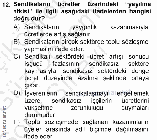12. soru: Sendikaların ücretler üzerindeki "yayılma etkisi" ile ilgili aşağıdaki ifadelerden hangisi doğrudur? A) Sendikaların…
