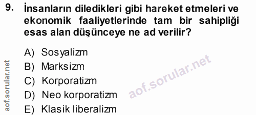 9. soru: İnsanların diledikleri gibi hareket etmeleri ve ekonomik faaliyetlerinde tam bir sahipliği esas alan düşünceye ne ad…