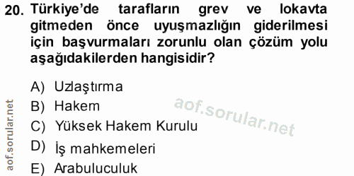 20. soru: Türkiye'de tarafların grev ve lokavta gitmeden önce uyuşmazlığın giderilmesi için başvurmaları zorunlu olan çözüm yol…