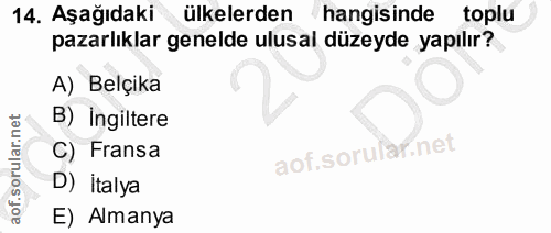 14. soru: Aşağıdaki ülkelerden hangisinde toplu pazarlıklar genelde ulusal düzeyde yapılır? A) Belçika B) Ingiltere C) Fransa D…