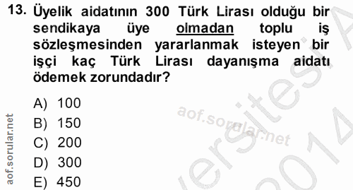 13. soru: Uyelik aidatının 300 Türk Lirası olduğu bir sendikaya üye olmadan toplu iş sözleşmesinden yararlanmak isteyen bir işç…