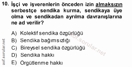 10. soru: İşçi ve işverenlerin önceden izin almaksızın serbestçe sendika kurma, sendikaya üye olma ve sendikadan ayrılma davran…