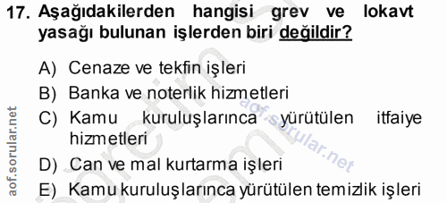 17. soru: Aşağıdakilerden hangisi grev ve lokavt yasağı bulunan işlerden biri değildir? A) Cenaze ve tekfin işleri B) Banka ve…