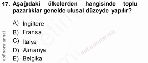 17. soru: Aşağıdaki ülkelerden hangisinde toplu pazarlıklar genelde ulusal düzeyde yapılır? A) Ingiltere B) Fransa C) İtalya D)…