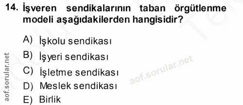 14. soru: İşveren sendikalarının taban örgütlenme modeli aşağıdakilerden hangisidir? A) İşkolu sendikası B) İşyeri sendikası C)…