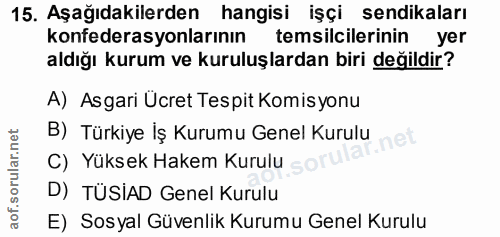 15. soru: Aşağıdakilerden hangisi işçi sendikaları konfederasyonlarının temsilcilerinin yer aldığı kurum ve kuruluşlardan biri…