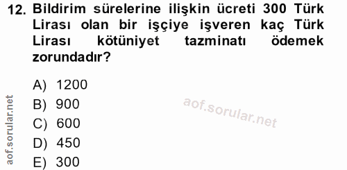 12. soru: Bildirim sürelerine ilişkin ücreti 300 Türk Lirası olan bir işçiye işveren kaç Türk Lirasi kötüniyet tazminatı ödemek…