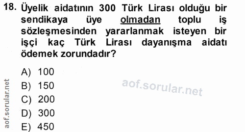 18. soru: Üyelik aidatının 300 Türk Lirası olduğu bir sendikaya üye olmadan toplu isş sözleşmesinden yararlanmak isteyen bir iş…