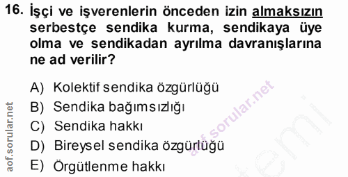 16. soru: İşçi ve işverenlerin önceden izin almaksızın serbestçe sendika kurma, sendikaya üye olma ve sendikadan ayrılma davran…