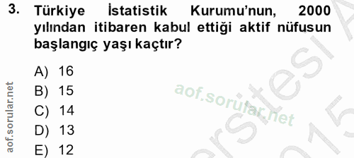 3. soru: Türkiye İstatistik Kurumu'nun, 2000 yılından itibaren kabul ettiği aktif nüfusun başlangıç yaşı kaçtır? A) 16 B) 15 a…