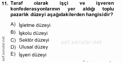 11. soru: Taraf olarak işçi ve işveren konfederasyonlarının yer aldığı toplu pazarlık düzeyi aşağıdakilerden hangisidir? A) İşl…