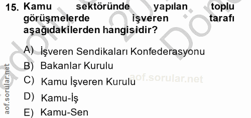 15. soru: Kamu sektöründe yapılan toplu görüşmelerde işveren tarafı aşağıdakilerden hangisidir? A) İşveren Sendikaları Konfeder…