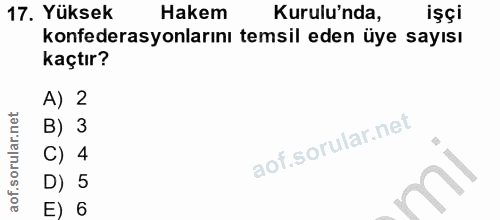 17. soru: Yüksek Hakem Kurulu'nda, işçi konfederasyonlarını temsil eden üye sayısı kaçtır? A) 2 B) 3 C) 4 D) 5 E) 6