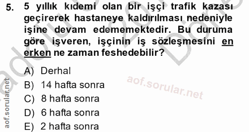 5. soru: 5 yıllık kıdemi olan bir işçi trafik kazası geçirerek hastaneye kaldırılması nedeniyle işine devam edememektedir. Bu…
