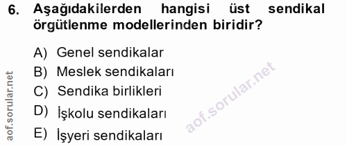 6. soru: Aşağıdakilerden hangisi üst sendikal örgütlenme modellerinden biridir? A) Genel sendikalar B) Meslek sendikaları C) S…