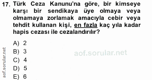 17. soru: Türk Ceza Kanunu'na göre, bir kimseye karşı bir sendikaya üye olmaya veya olmamaya zorlamak amacıyla cebir veya tehdi…
