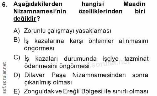 6. soru: Aşağıdakilerden hangisi Maadin Nizamnamesi'nin özelliklerinden biri değildir? A) Zorunlu çalışmayı yasaklaması B) İş…