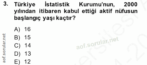 3. soru: Türkiye İstatistik Kurumu'nun, 2000 yılından itibaren kabul ettiği aktif nüfusun başlangıç yaşı kaçtır? A) 16 B) 15 C…