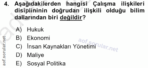 4. soru: Aşağıdakilerden hangisi Çalışma ilişkileri disiplininin doğrudan ilişkili olduğu bilim dallarından biri değildir? A)…