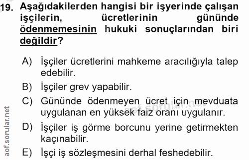 19. soru: Aşağıdakilerden hangisi bir işyerinde çalışan işçilerin, ücretlerinin gününde ödenmemesinin hukuki sonuçlarından biri…