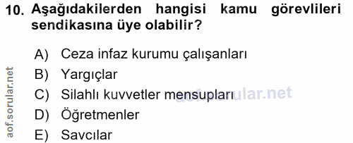 10. soru: Aşağıdakilerden hangisi kamu görevlileri sendikasına üye olabilir? A) Ceza infaz kurumu çalışanları B) Yargıçlar C) S…