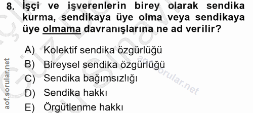 8. soru: İşçi ve işverenlerin birey olarak sendika kurma, sendikaya üye olma veya sendikaya üye olmama davranışlarına ne ad ve…