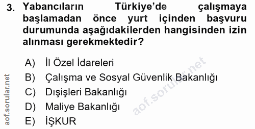 3. soru: Yabancıların Türkiye'de çalışmaya başlamadan önce yurt içinden başvuru durumunda aşağıdakilerden hangisinden izin alı…