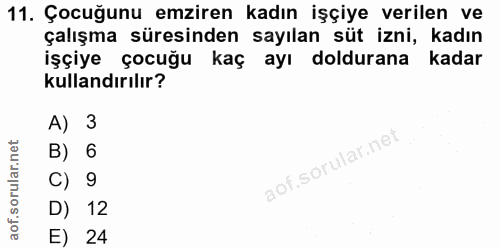 11. soru: Çocuğunu emziren kadın işçiye verilen ve çalışma süresinden sayılan süt izni, kadın işçiye çocuğu kaç ayı doldurana k…