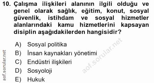10. soru: Çalışma ilişkileri alanının ilgili olduğu ve genel olarak sağlık, eğitim, konut, sosyal güvenlik, istihdam ve sosyal…