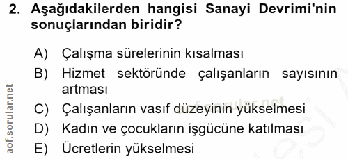 2. soru: Aşağıdakilerden hangisi Sanayi Devrimi'nin sonuçlarından biridir? A) Çalışma sürelerinin kısalması B) Hizmet sektörün…