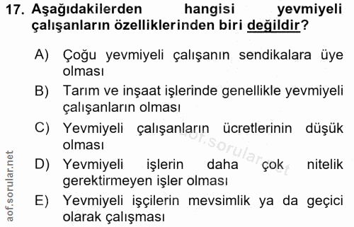 17. soru: Aşağıdakilerden hangisi yevmiyeli çalışanların özelliklerinden biri değildir? A) Çoğu yevmiyeli çalışanın sendikalara…