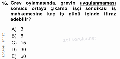 16. soru: Grev oylamasında, grevin uygulanmaması sonucu ortaya çıkarsa, işçi sendikası iş mahkemesine kaç iş günü içinde itiraz…